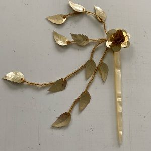 Vintage Gold Flower Hair Stick Pin with Gold Leaf Tassels. Made in Hong Kong